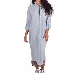 NEW EMILY PHILLIPS stripe linen girlfriend midi dress in white/teal
